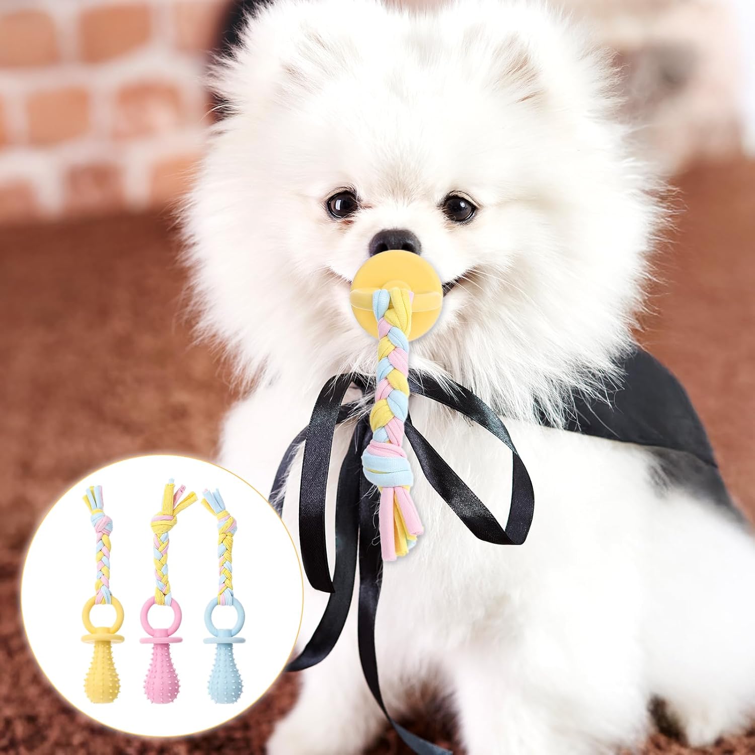 3Pcs Dog & Cat Pacifier with Rope, Small Pet Molar Clean Teeth Rubber Toy, Rubber Puppy Pacifier Chewing, Dog Chew Toys for Chewers, Playing Training Toys for Small Dogs & Adult Cat, 3 Cute Colors