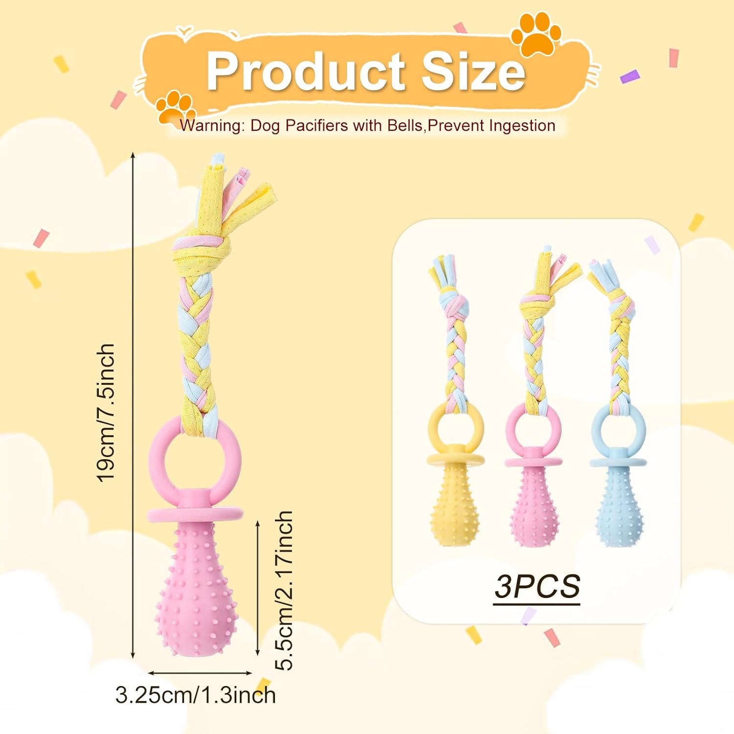 3Pcs Dog & Cat Pacifier with Rope, Small Pet Molar Clean Teeth Rubber Toy, Rubber Puppy Pacifier Chewing, Dog Chew Toys for Chewers, Playing Training Toys for Small Dogs & Adult Cat, 3 Cute Colors