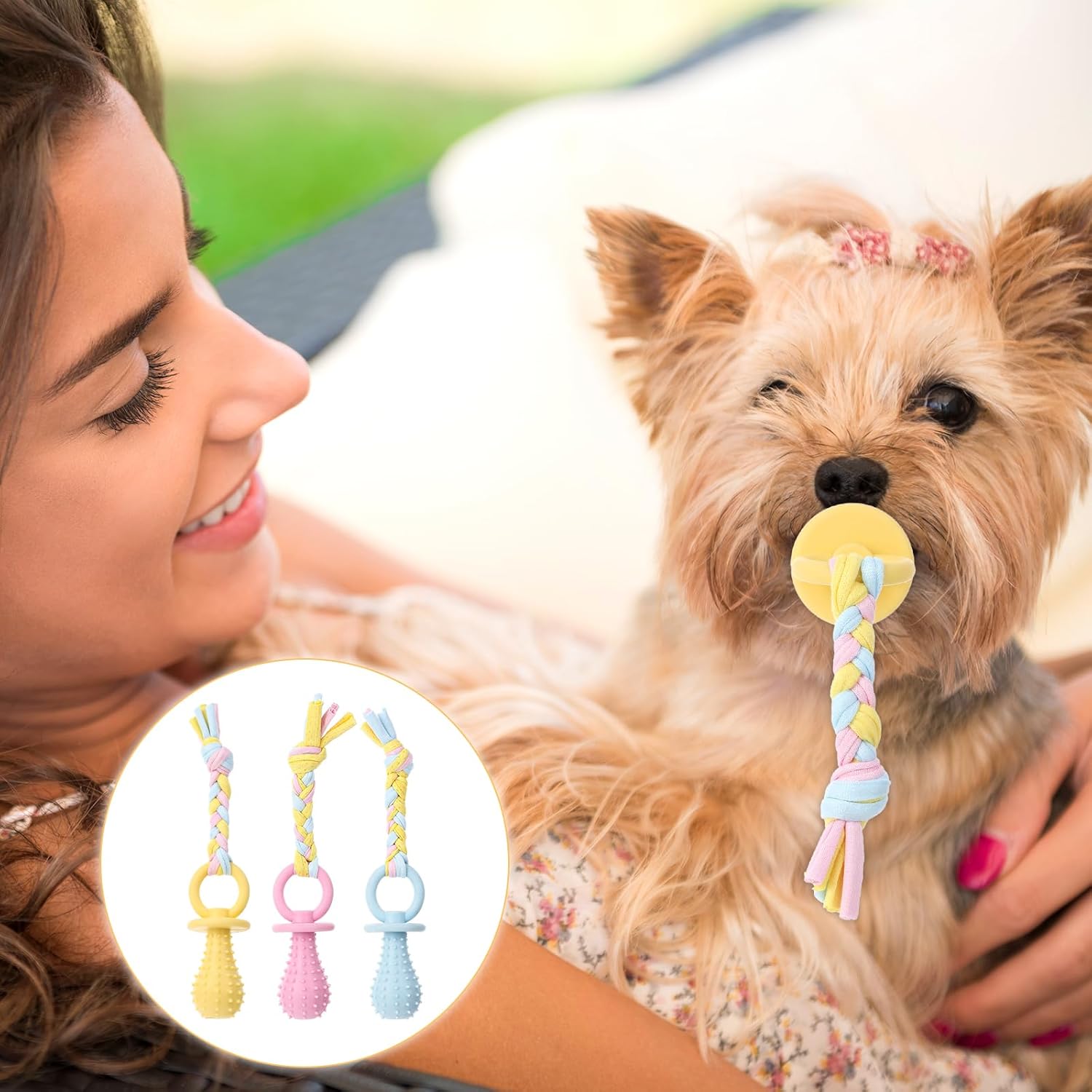 3Pcs Dog & Cat Pacifier with Rope, Small Pet Molar Clean Teeth Rubber Toy, Rubber Puppy Pacifier Chewing, Dog Chew Toys for Chewers, Playing Training Toys for Small Dogs & Adult Cat, 3 Cute Colors