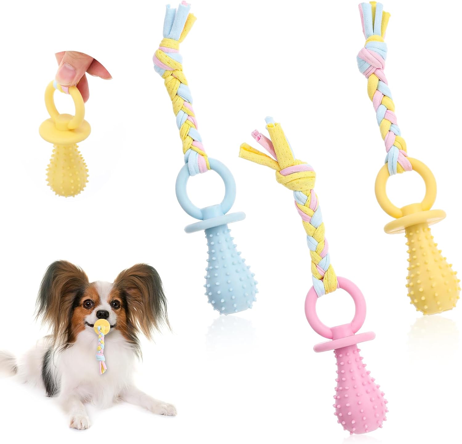 3Pcs Dog & Cat Pacifier with Rope, Small Pet Molar Clean Teeth Rubber Toy, Rubber Puppy Pacifier Chewing, Dog Chew Toys for Chewers, Playing Training Toys for Small Dogs & Adult Cat, 3 Cute Colors