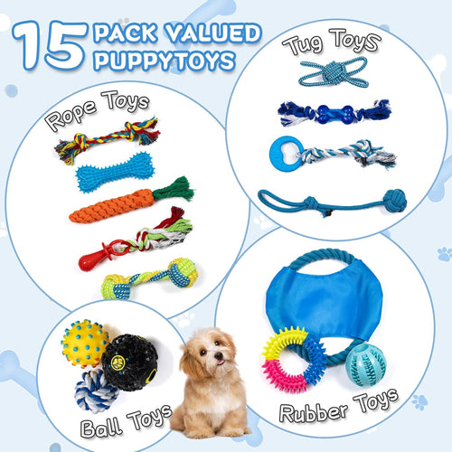 15pcs Puppy Chew Toys for Teething, Small Dogs - Soft Silicone & Rubber Teething Toys to Soothe Gums, Indestructible Chew Toys for Aggressive Chewers, Interactive Dental Toys (Assorted Colors)