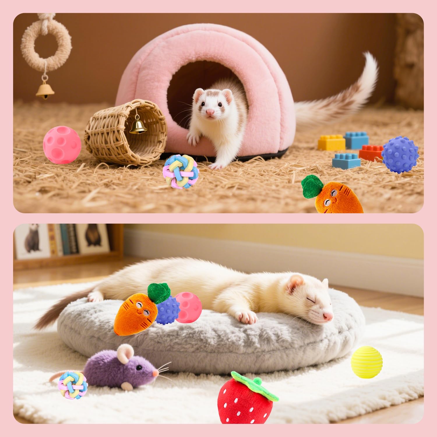 12 Pack Ferret Toys Set, Colorful Teething Balls Squeaky Toys Soft Rubber Balls Cute Ferret Plush Toy Interactive Sound for Ferret Rat Small Animals Cage Exercise Entertainment Chew Toys