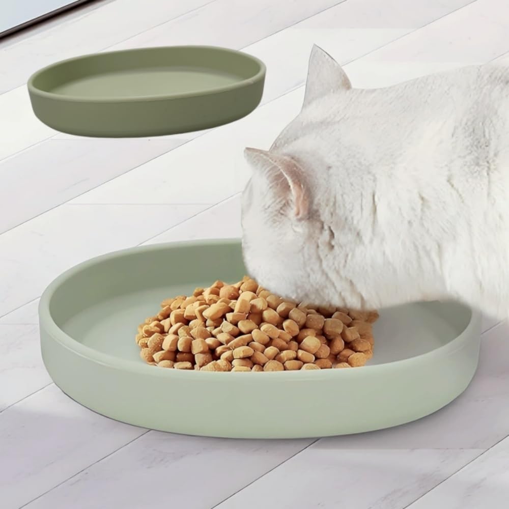 2 Pack 7 Inch Shallow Pet Bowls - Silicone Cat & Dog Food Dishes for Whisker Fatigue Relief - Non-Slip Flat Feeding Bowls for Dry/Wet Food & Water (Green & Gray)