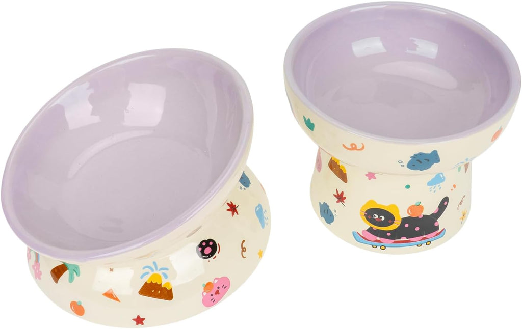2 Pcs Ceramic Raised Cat Bowl,Elevated Tilted Cat Food and Water Bowls Set for Cats and Small Dogs, Dishwasher and Microwave Safe,Cartoon Decoration