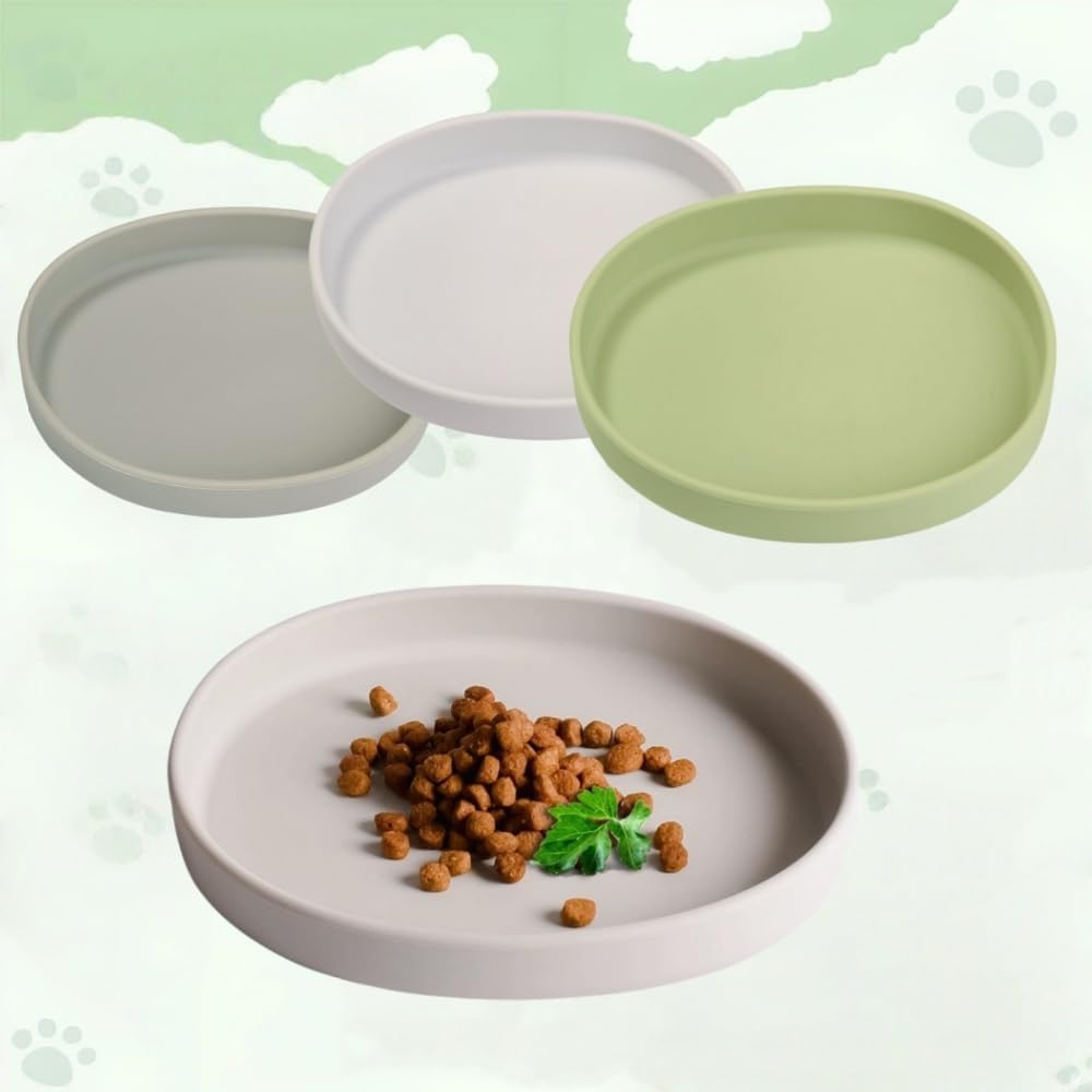 2 Pack 7 Inch Shallow Pet Bowls - Silicone Cat & Dog Food Dishes for Whisker Fatigue Relief - Non-Slip Flat Feeding Bowls for Dry/Wet Food & Water (Green & Gray)
