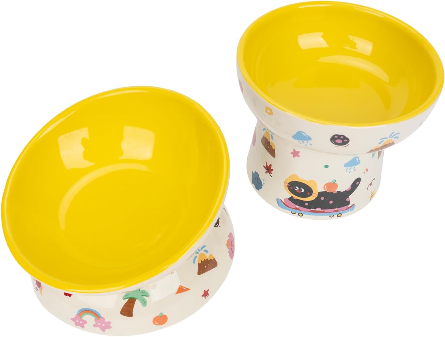 2 Pcs Ceramic Raised Cat Bowl,Elevated Tilted Cat Food and Water Bowls Set for Cats and Small Dogs, Dishwasher and Microwave Safe,Cartoon Decoration