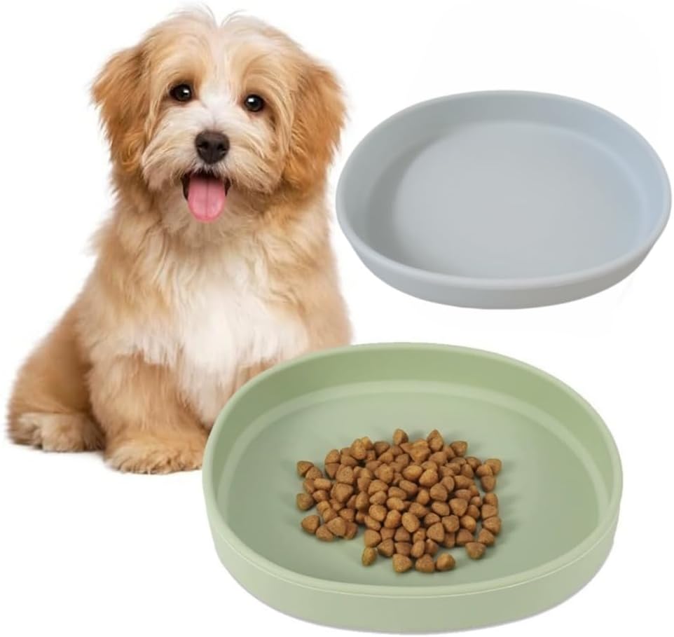 2 Pack 7 Inch Shallow Pet Bowls - Silicone Cat & Dog Food Dishes for Whisker Fatigue Relief - Non-Slip Flat Feeding Bowls for Dry/Wet Food & Water (Green & Gray)