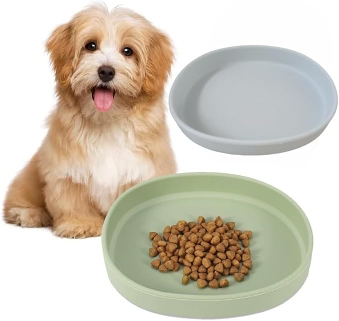 2 Pack 7 Inch Shallow Pet Bowls - Silicone Cat & Dog Food Dishes for Whisker Fatigue Relief - Non-Slip Flat Feeding Bowls for Dry/Wet Food & Water (Green & Gray)