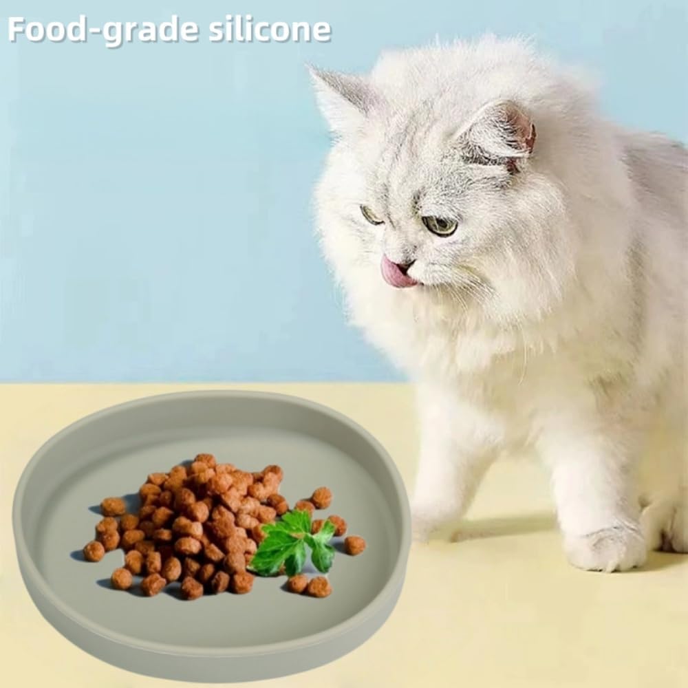 2 Pack 7 Inch Shallow Pet Bowls - Silicone Cat & Dog Food Dishes for Whisker Fatigue Relief - Non-Slip Flat Feeding Bowls for Dry/Wet Food & Water (Green & Gray)