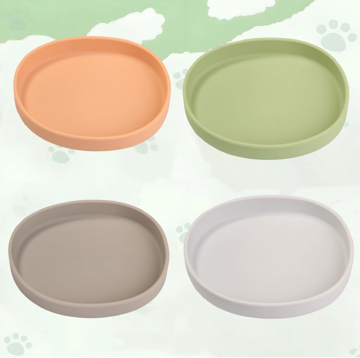 2 Pack 7 Inch Shallow Pet Bowls - Silicone Cat & Dog Food Dishes for Whisker Fatigue Relief - Non-Slip Flat Feeding Bowls for Dry/Wet Food & Water (Green & Gray)