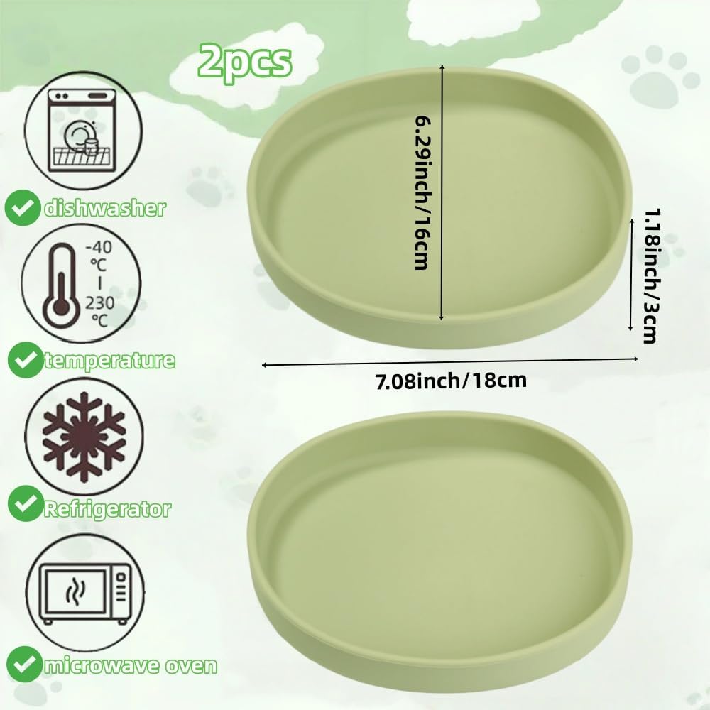 2 Pack 7 Inch Shallow Pet Bowls - Silicone Cat & Dog Food Dishes for Whisker Fatigue Relief - Non-Slip Flat Feeding Bowls for Dry/Wet Food & Water (Green & Gray)