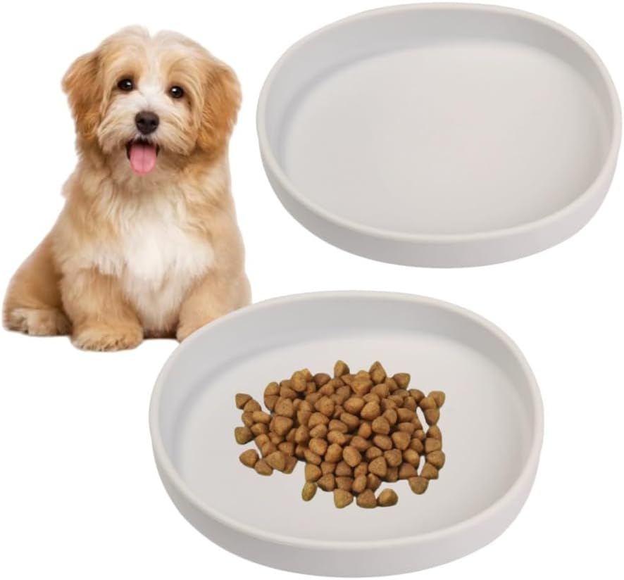 2 Pack 7 Inch Shallow Pet Bowls - Silicone Cat & Dog Food Dishes for Whisker Fatigue Relief - Non-Slip Flat Feeding Bowls for Dry/Wet Food & Water (Green & Gray)