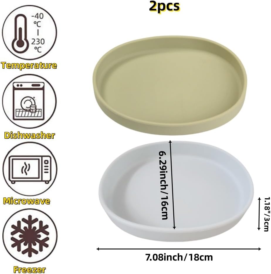 2 Pack 7 Inch Shallow Pet Bowls - Silicone Cat & Dog Food Dishes for Whisker Fatigue Relief - Non-Slip Flat Feeding Bowls for Dry/Wet Food & Water (Green & Gray)