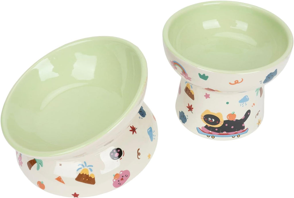 2 Pcs Ceramic Raised Cat Bowl,Elevated Tilted Cat Food and Water Bowls Set for Cats and Small Dogs, Dishwasher and Microwave Safe,Cartoon Decoration