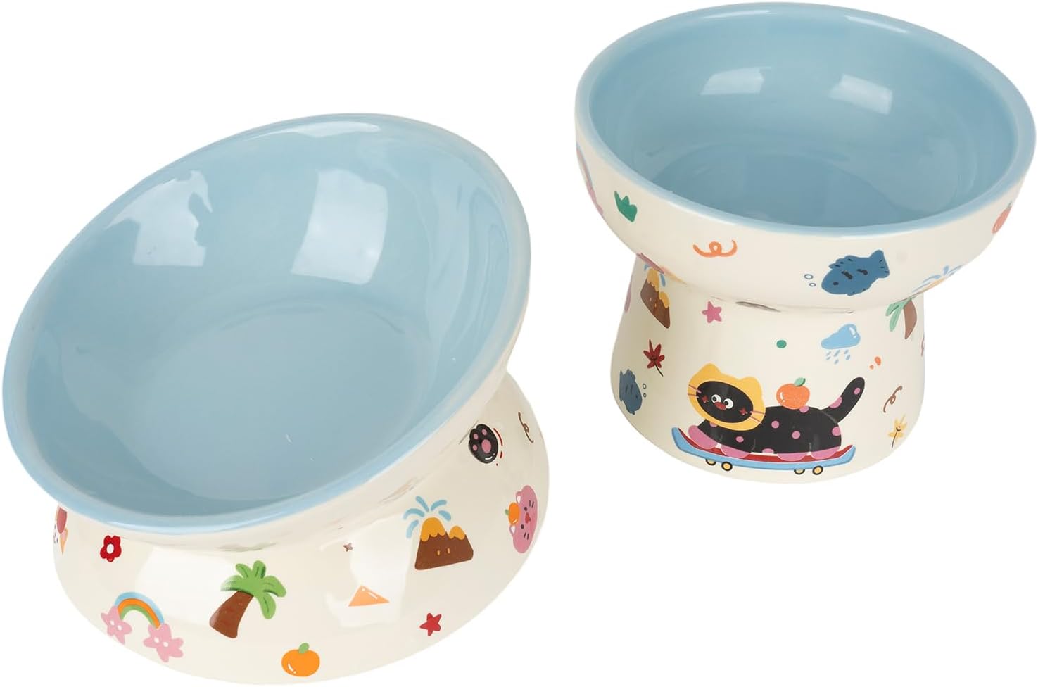 2 Pcs Ceramic Raised Cat Bowl,Elevated Tilted Cat Food and Water Bowls Set for Cats and Small Dogs, Dishwasher and Microwave Safe,Cartoon Decoration
