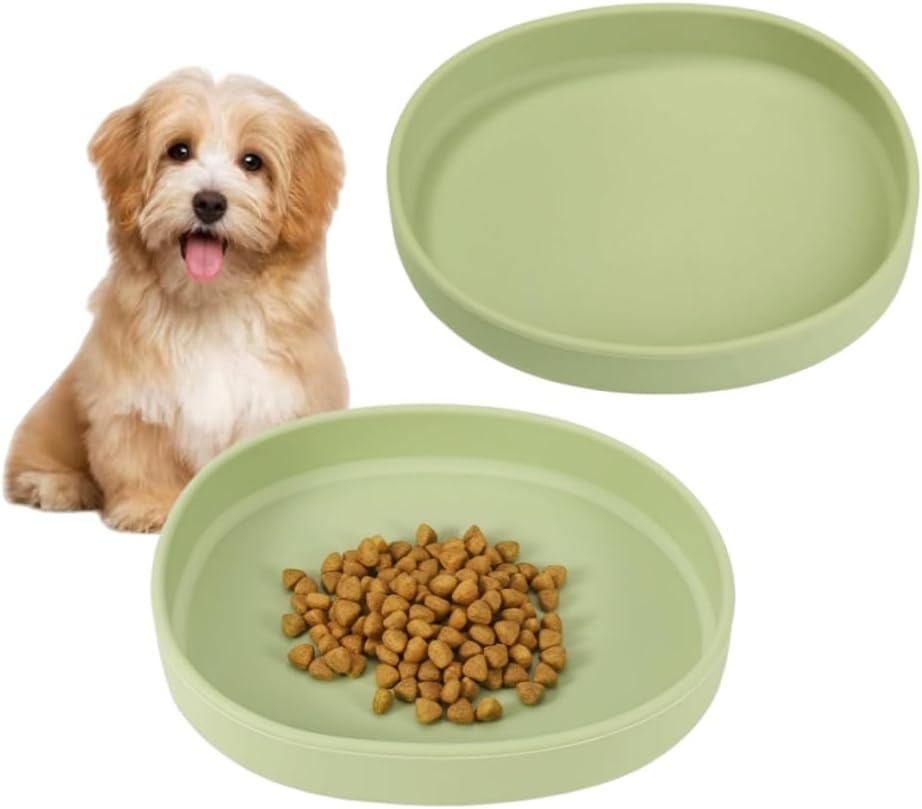 2 Pack 7 Inch Shallow Pet Bowls - Silicone Cat & Dog Food Dishes for Whisker Fatigue Relief - Non-Slip Flat Feeding Bowls for Dry/Wet Food & Water (Green & Gray)