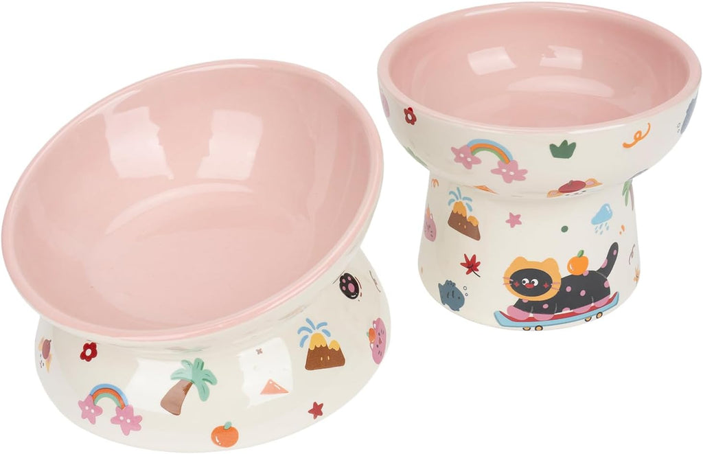 2 Pcs Ceramic Raised Cat Bowl,Elevated Tilted Cat Food and Water Bowls Set for Cats and Small Dogs, Dishwasher and Microwave Safe,Cartoon Decoration