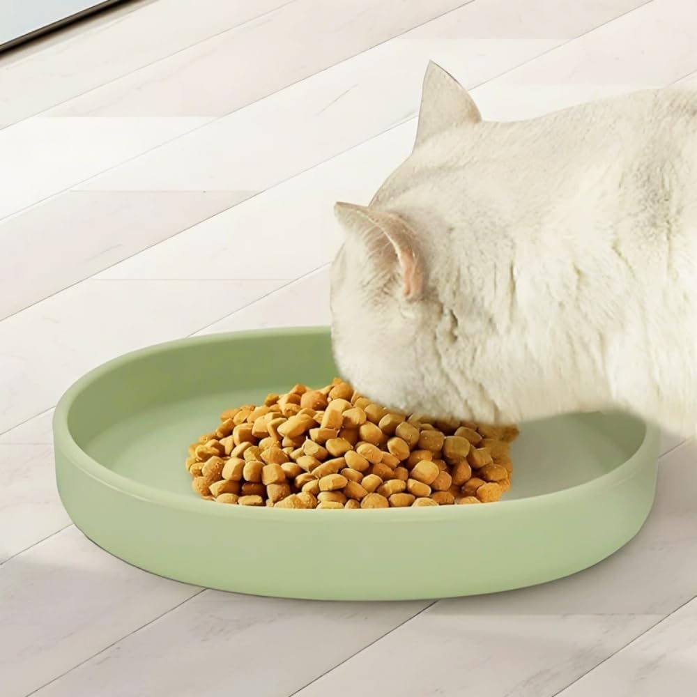 2 Pack 7 Inch Shallow Pet Bowls - Silicone Cat & Dog Food Dishes for Whisker Fatigue Relief - Non-Slip Flat Feeding Bowls for Dry/Wet Food & Water (Green & Gray)