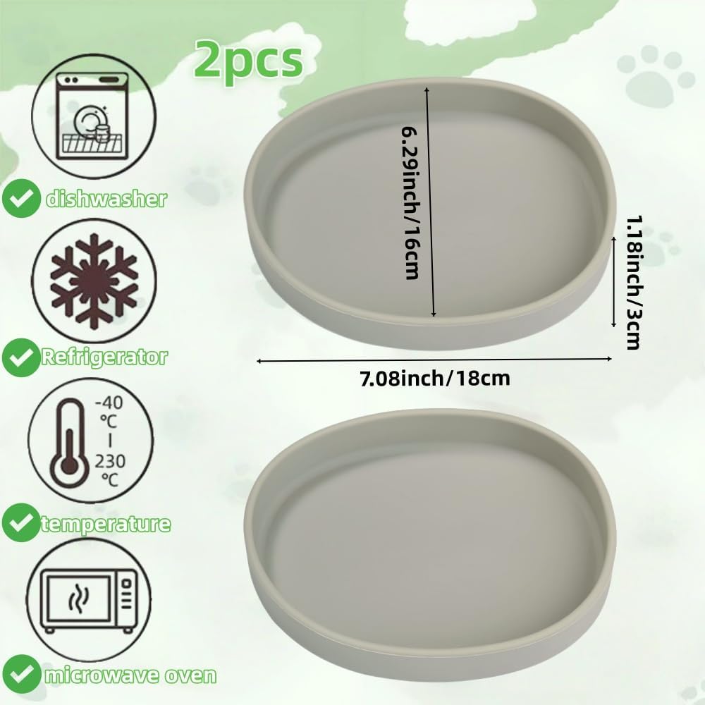 2 Pack 7 Inch Shallow Pet Bowls - Silicone Cat & Dog Food Dishes for Whisker Fatigue Relief - Non-Slip Flat Feeding Bowls for Dry/Wet Food & Water (Green & Gray)