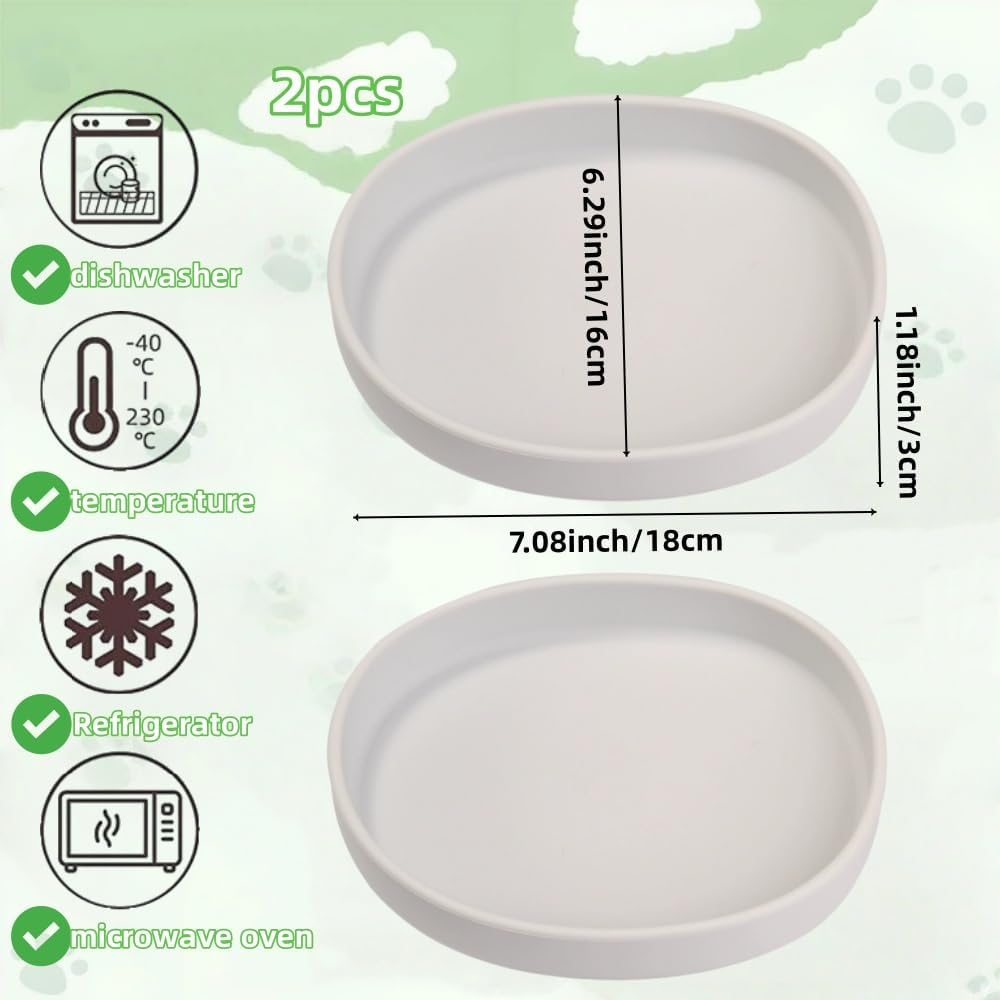 2 Pack 7 Inch Shallow Pet Bowls - Silicone Cat & Dog Food Dishes for Whisker Fatigue Relief - Non-Slip Flat Feeding Bowls for Dry/Wet Food & Water (Green & Gray)