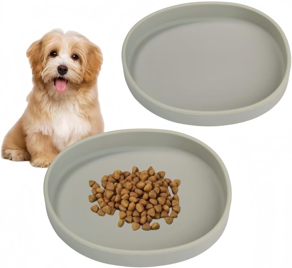 2 Pack 7 Inch Shallow Pet Bowls - Silicone Cat & Dog Food Dishes for Whisker Fatigue Relief - Non-Slip Flat Feeding Bowls for Dry/Wet Food & Water (Green & Gray)
