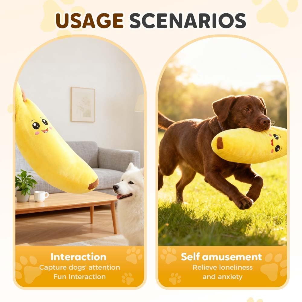 Dog Calming Banana Toy, Interactive Squeaky Dog Chew Toys Funny Plush Puppy Toys to Keep Them Busy, Stuffed Puppy Teething Toys, Banana Dog Toy for Small Medium Large Dogs(S)