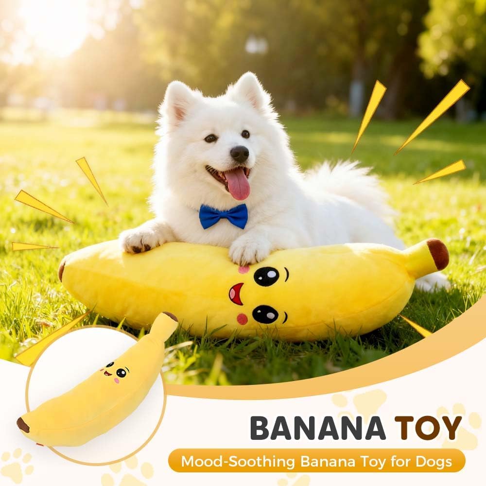 Dog Calming Banana Toy, Interactive Squeaky Dog Chew Toys Funny Plush Puppy Toys to Keep Them Busy, Stuffed Puppy Teething Toys, Banana Dog Toy for Small Medium Large Dogs(S)