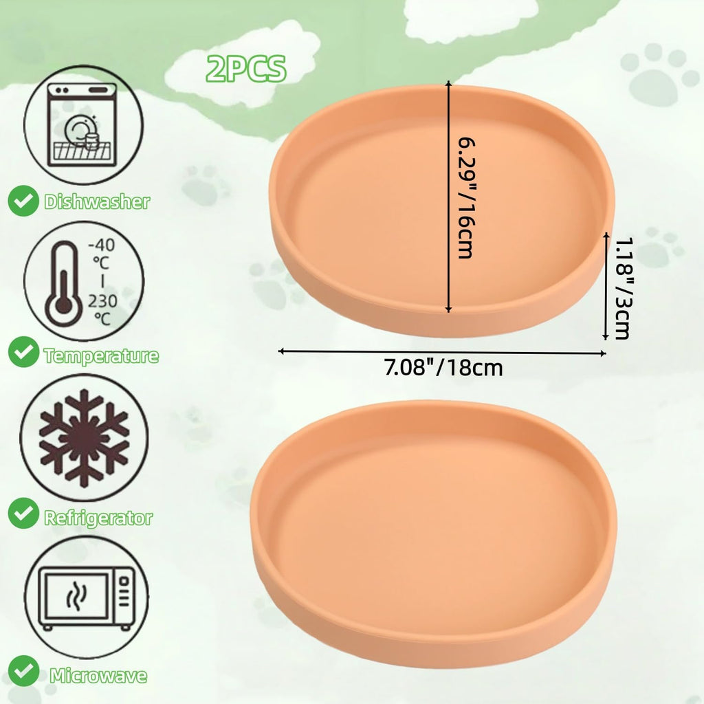 2 Pack 7 Inch Shallow Pet Bowls - Silicone Cat & Dog Food Dishes for Whisker Fatigue Relief - Non-Slip Flat Feeding Bowls for Dry/Wet Food & Water (Green & Gray)