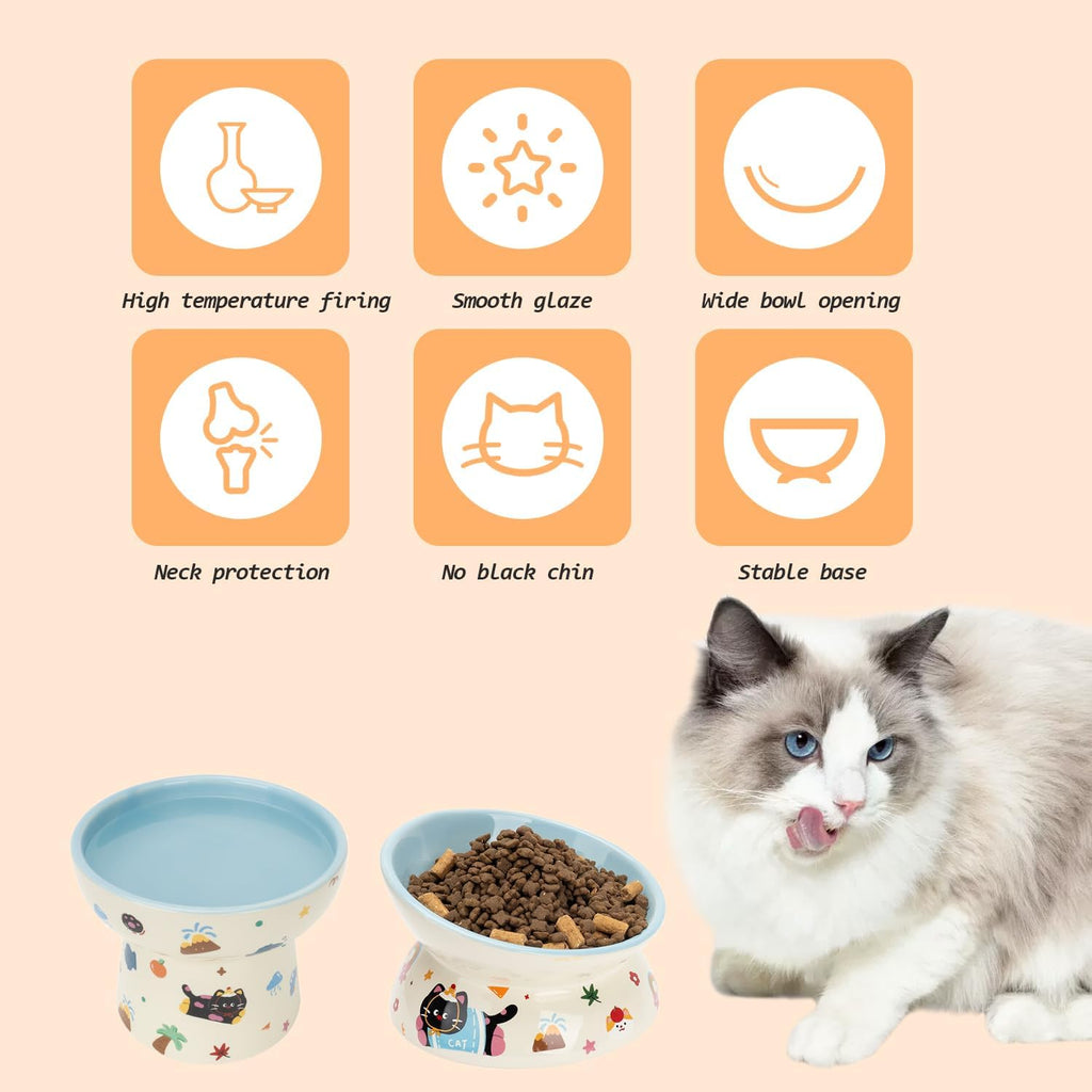 2 Pcs Ceramic Raised Cat Bowl,Elevated Tilted Cat Food and Water Bowls Set for Cats and Small Dogs, Dishwasher and Microwave Safe,Cartoon Decoration