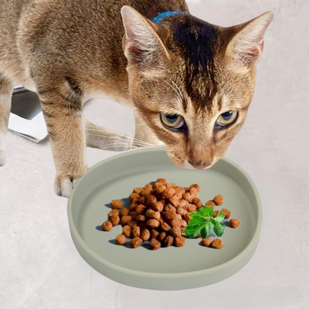 2 Pack 7 Inch Shallow Pet Bowls - Silicone Cat & Dog Food Dishes for Whisker Fatigue Relief - Non-Slip Flat Feeding Bowls for Dry/Wet Food & Water (Green & Gray)