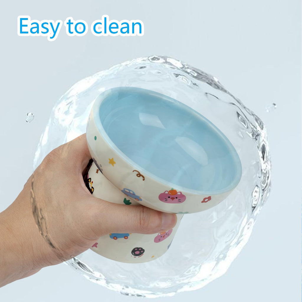 2 Pcs Ceramic Raised Cat Bowl,Elevated Tilted Cat Food and Water Bowls Set for Cats and Small Dogs, Dishwasher and Microwave Safe,Cartoon Decoration