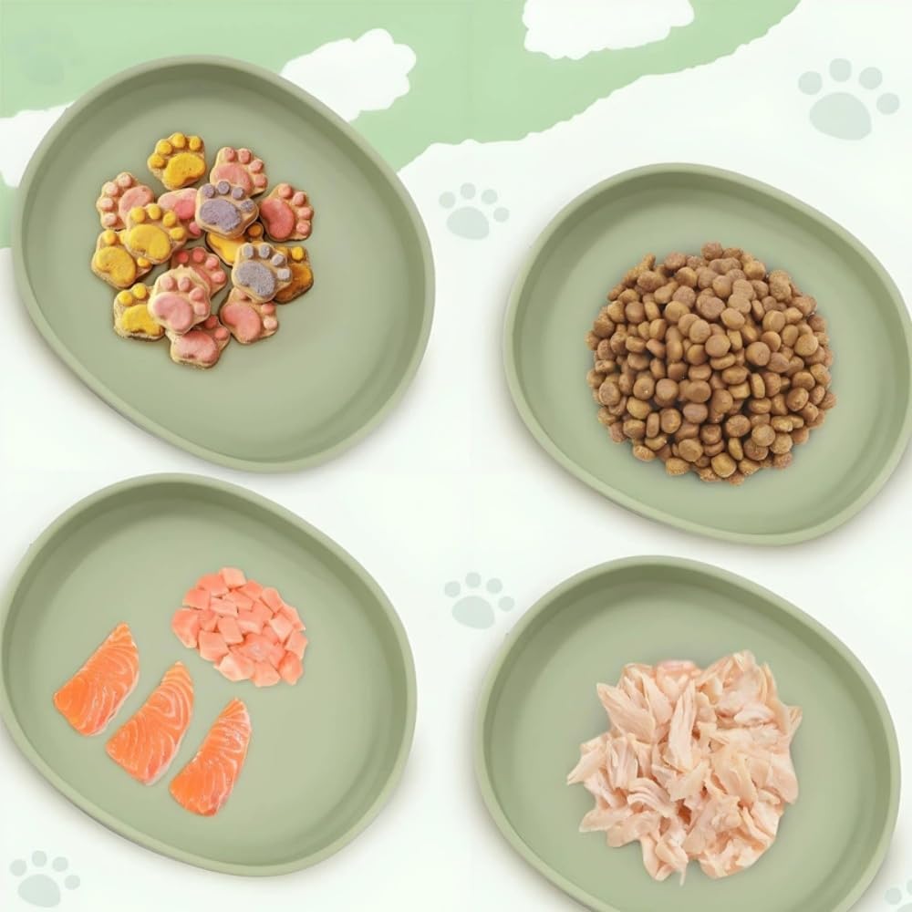 2 Pack 7 Inch Shallow Pet Bowls - Silicone Cat & Dog Food Dishes for Whisker Fatigue Relief - Non-Slip Flat Feeding Bowls for Dry/Wet Food & Water (Green & Gray)