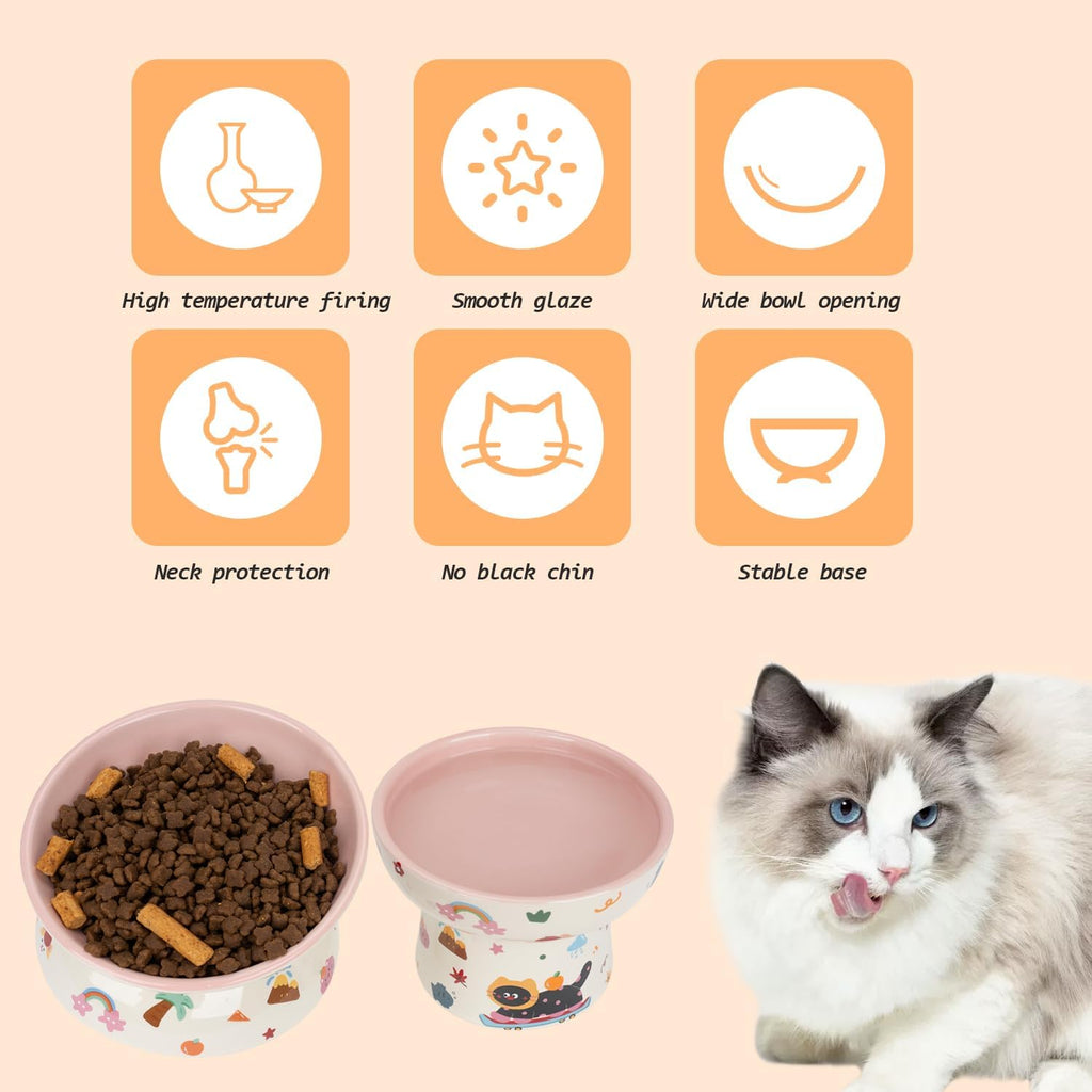 2 Pcs Ceramic Raised Cat Bowl,Elevated Tilted Cat Food and Water Bowls Set for Cats and Small Dogs, Dishwasher and Microwave Safe,Cartoon Decoration