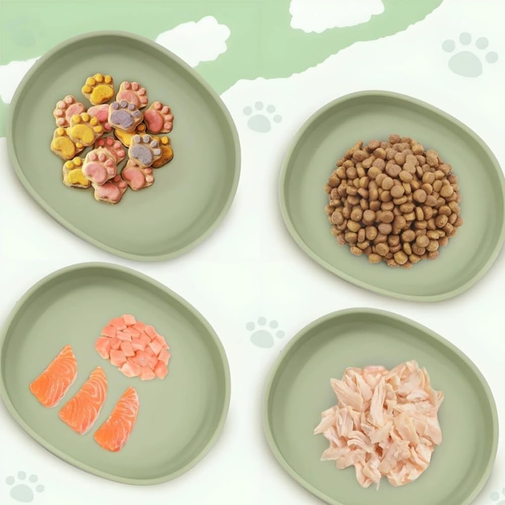 2 Pack 7 Inch Shallow Pet Bowls - Silicone Cat & Dog Food Dishes for Whisker Fatigue Relief - Non-Slip Flat Feeding Bowls for Dry/Wet Food & Water (Green & Gray)