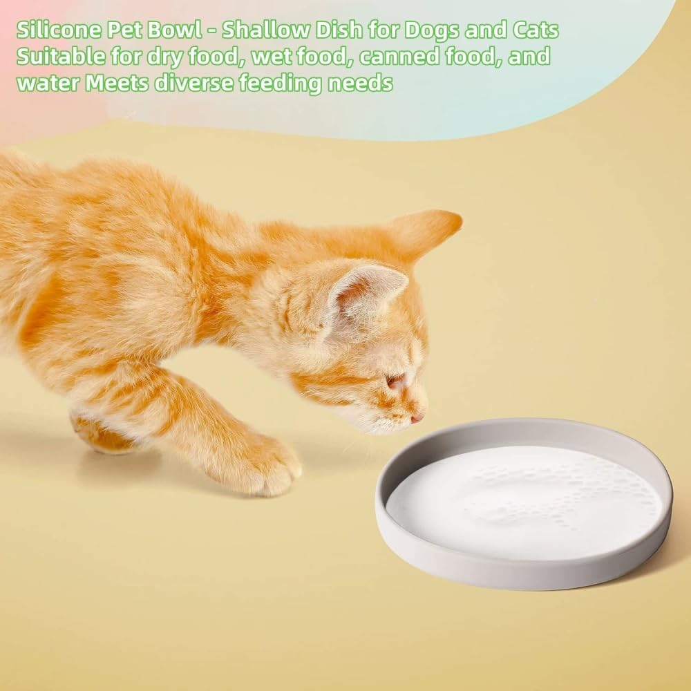2 Pack 7 Inch Shallow Pet Bowls - Silicone Cat & Dog Food Dishes for Whisker Fatigue Relief - Non-Slip Flat Feeding Bowls for Dry/Wet Food & Water (Green & Gray)