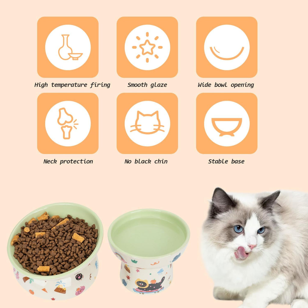 2 Pcs Ceramic Raised Cat Bowl,Elevated Tilted Cat Food and Water Bowls Set for Cats and Small Dogs, Dishwasher and Microwave Safe,Cartoon Decoration