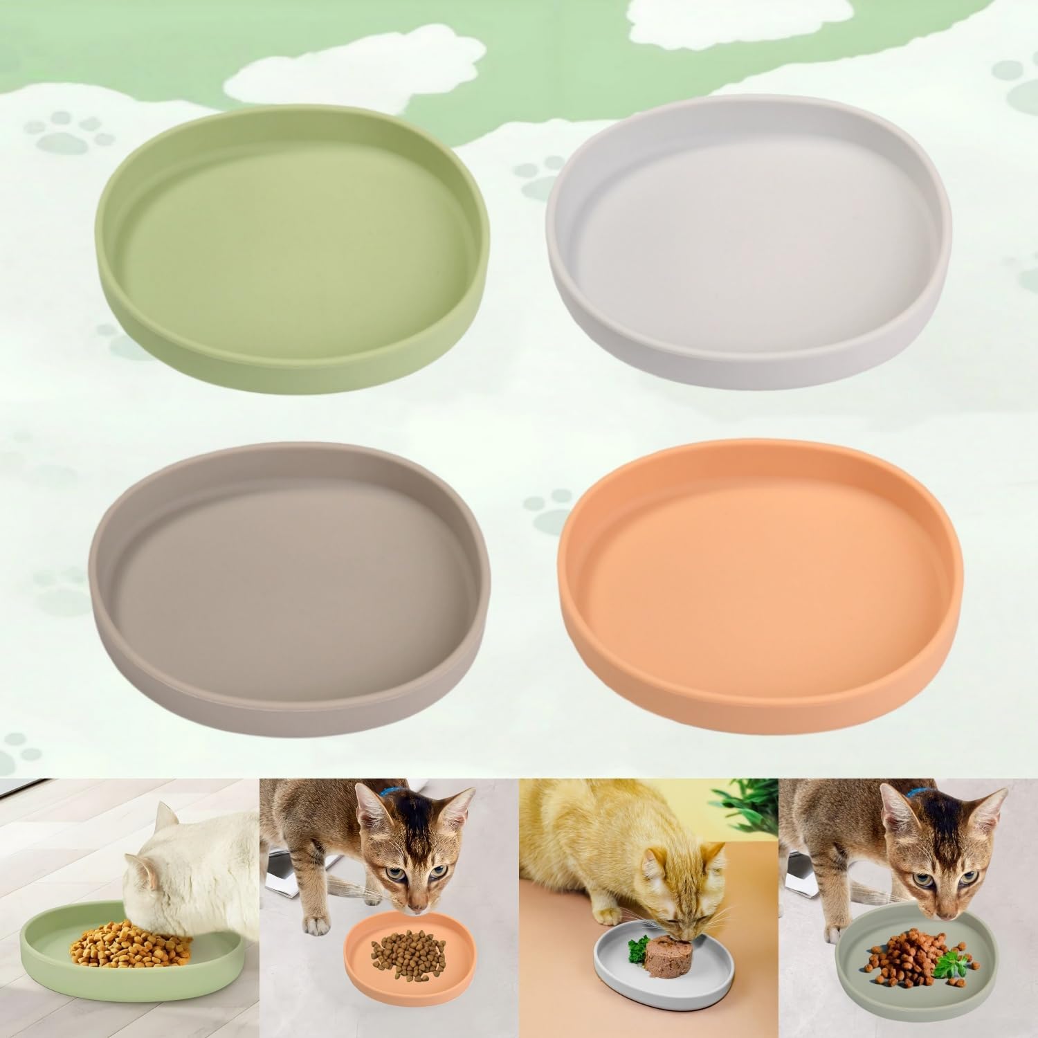 2 Pack 7 Inch Shallow Pet Bowls - Silicone Cat & Dog Food Dishes for Whisker Fatigue Relief - Non-Slip Flat Feeding Bowls for Dry/Wet Food & Water (Green & Gray)