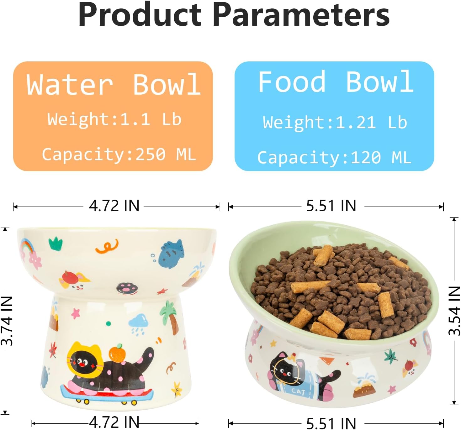 2 Pcs Ceramic Raised Cat Bowl,Elevated Tilted Cat Food and Water Bowls Set for Cats and Small Dogs, Dishwasher and Microwave Safe,Cartoon Decoration