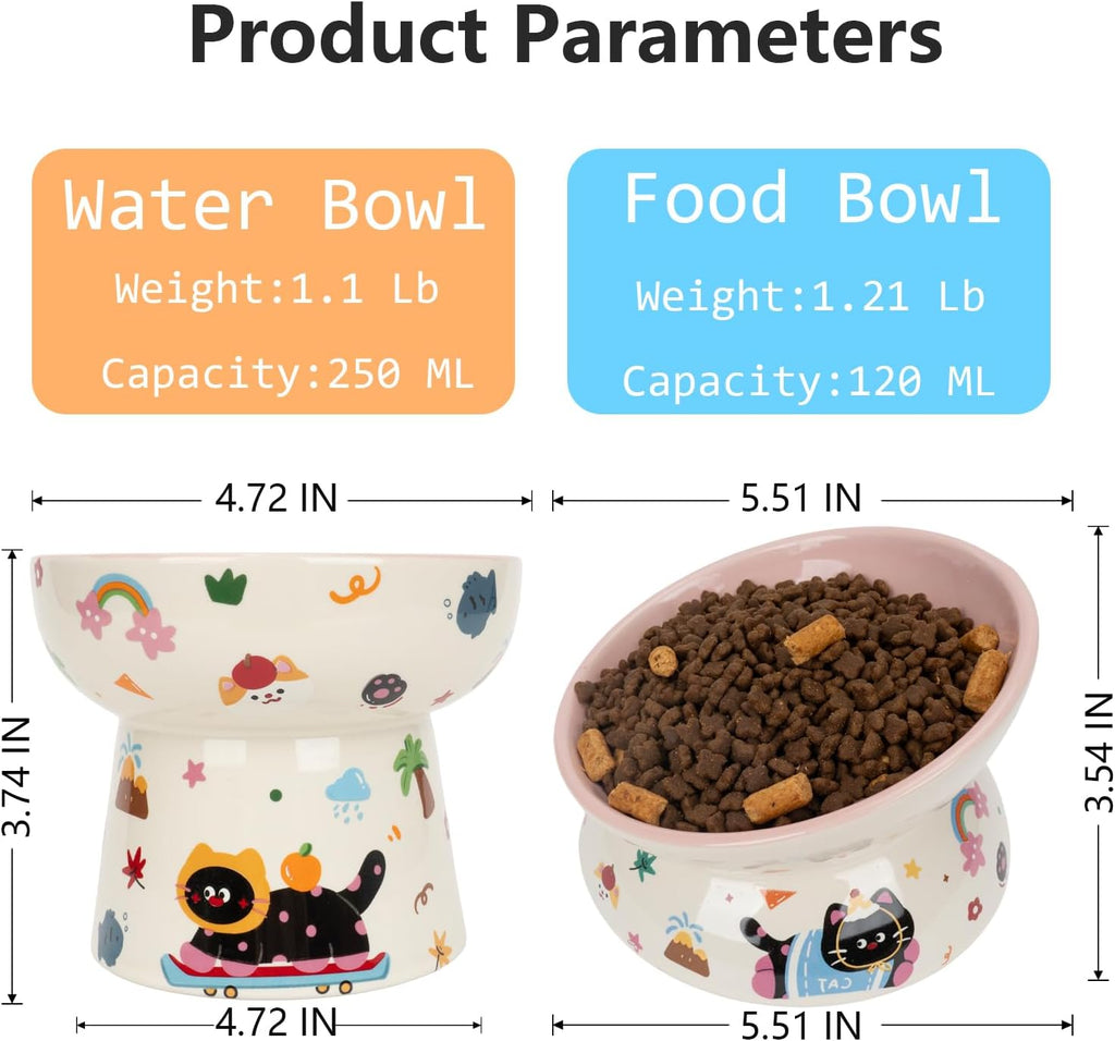 2 Pcs Ceramic Raised Cat Bowl,Elevated Tilted Cat Food and Water Bowls Set for Cats and Small Dogs, Dishwasher and Microwave Safe,Cartoon Decoration