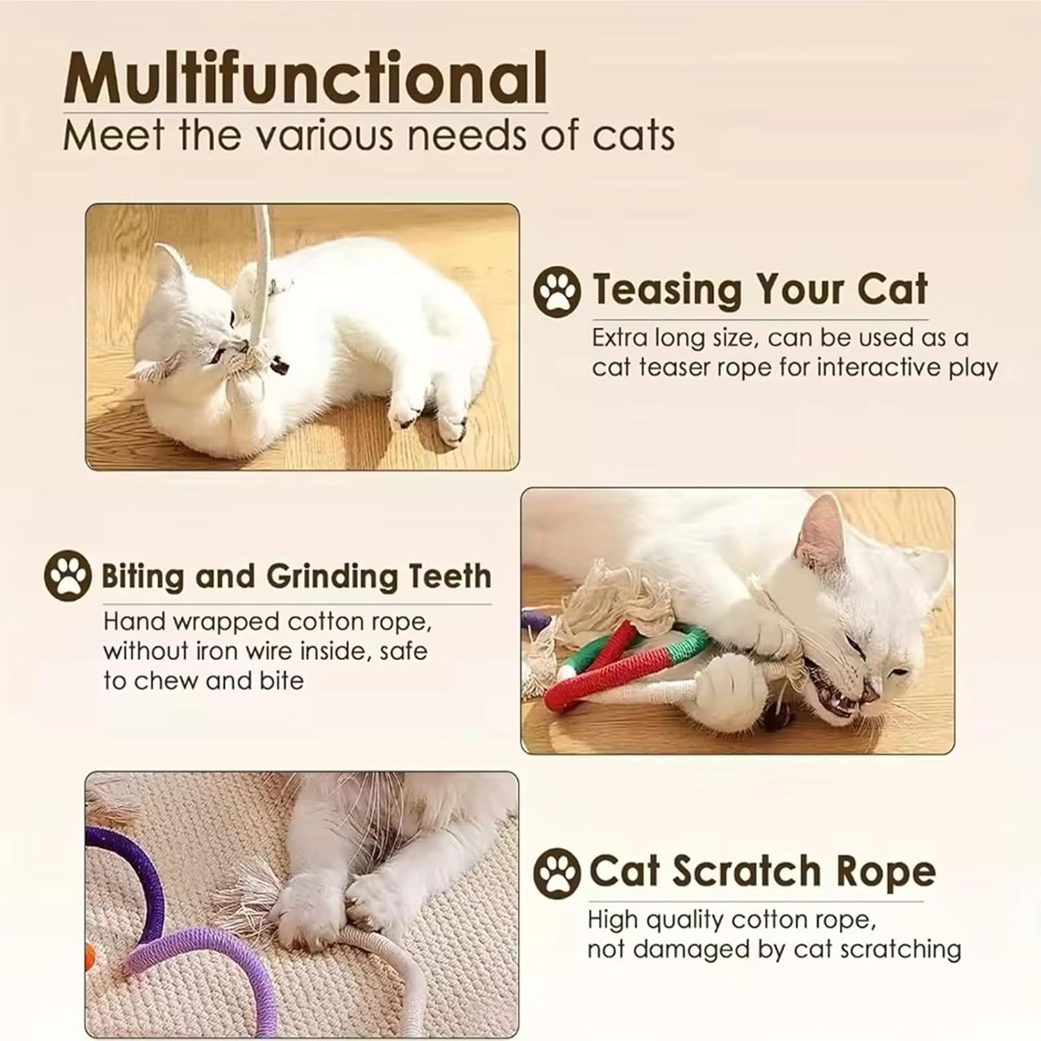 Cat Chew Rope,Catnip-Infused Organic Cotton Chew Rope Toys for Cats, Soft & Safe Dental Chew Toys for Indoor Cats, Self-Play and Teeth Cleaning (6PCS)