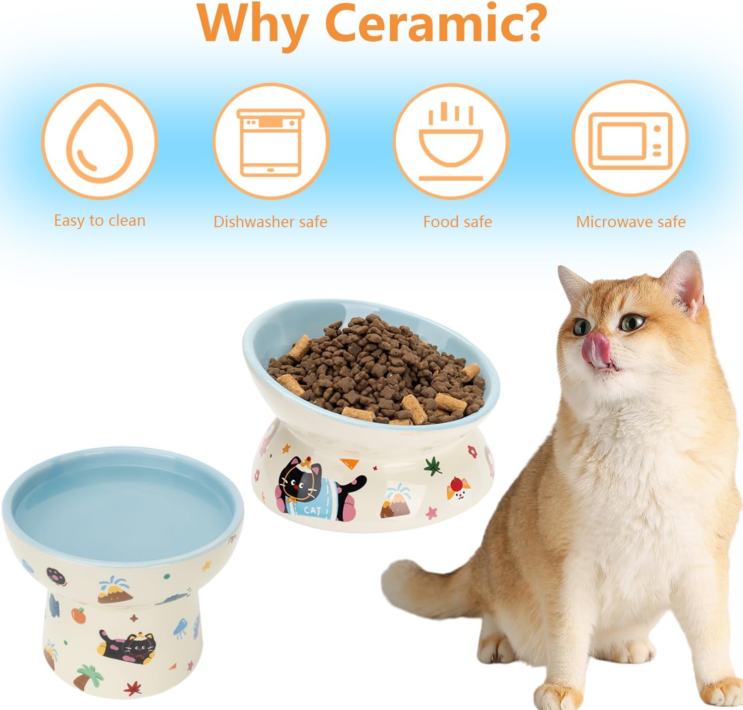 2 Pcs Ceramic Raised Cat Bowl,Elevated Tilted Cat Food and Water Bowls Set for Cats and Small Dogs, Dishwasher and Microwave Safe,Cartoon Decoration