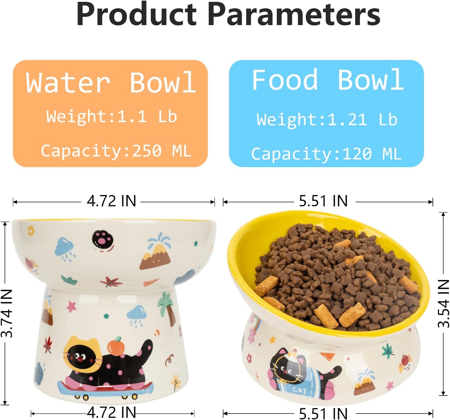 2 Pcs Ceramic Raised Cat Bowl,Elevated Tilted Cat Food and Water Bowls Set for Cats and Small Dogs, Dishwasher and Microwave Safe,Cartoon Decoration