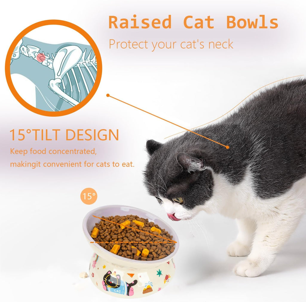 2 Pcs Ceramic Raised Cat Bowl,Elevated Tilted Cat Food and Water Bowls Set for Cats and Small Dogs, Dishwasher and Microwave Safe,Cartoon Decoration