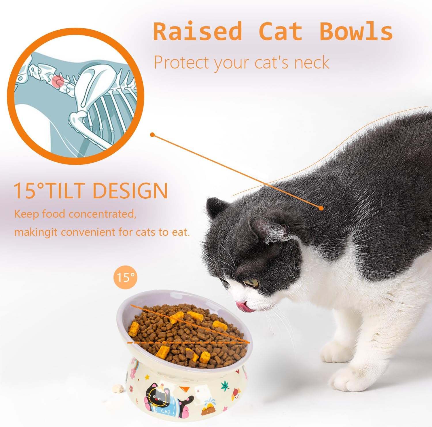 2 Pcs Ceramic Raised Cat Bowl,Elevated Tilted Cat Food and Water Bowls Set for Cats and Small Dogs, Dishwasher and Microwave Safe,Cartoon Decoration