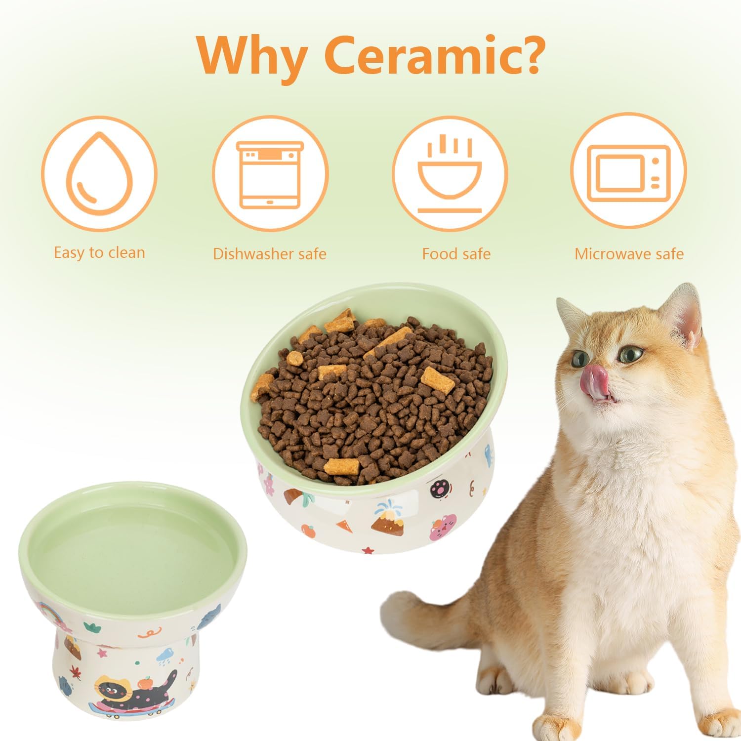 2 Pcs Ceramic Raised Cat Bowl,Elevated Tilted Cat Food and Water Bowls Set for Cats and Small Dogs, Dishwasher and Microwave Safe,Cartoon Decoration