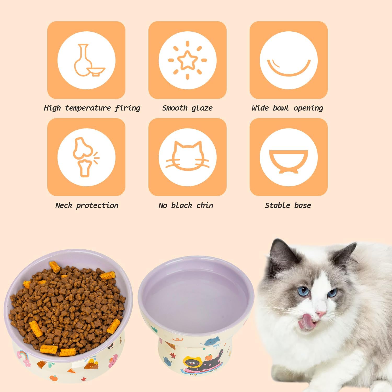 2 Pcs Ceramic Raised Cat Bowl,Elevated Tilted Cat Food and Water Bowls Set for Cats and Small Dogs, Dishwasher and Microwave Safe,Cartoon Decoration