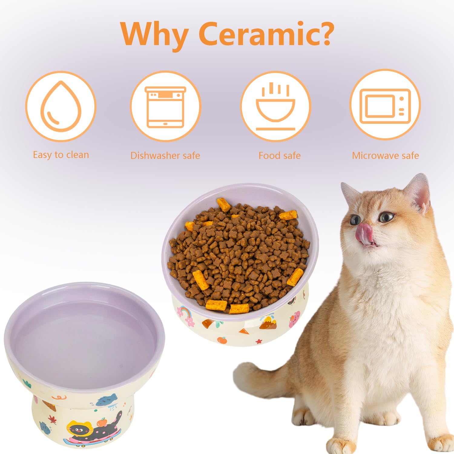 2 Pcs Ceramic Raised Cat Bowl,Elevated Tilted Cat Food and Water Bowls Set for Cats and Small Dogs, Dishwasher and Microwave Safe,Cartoon Decoration