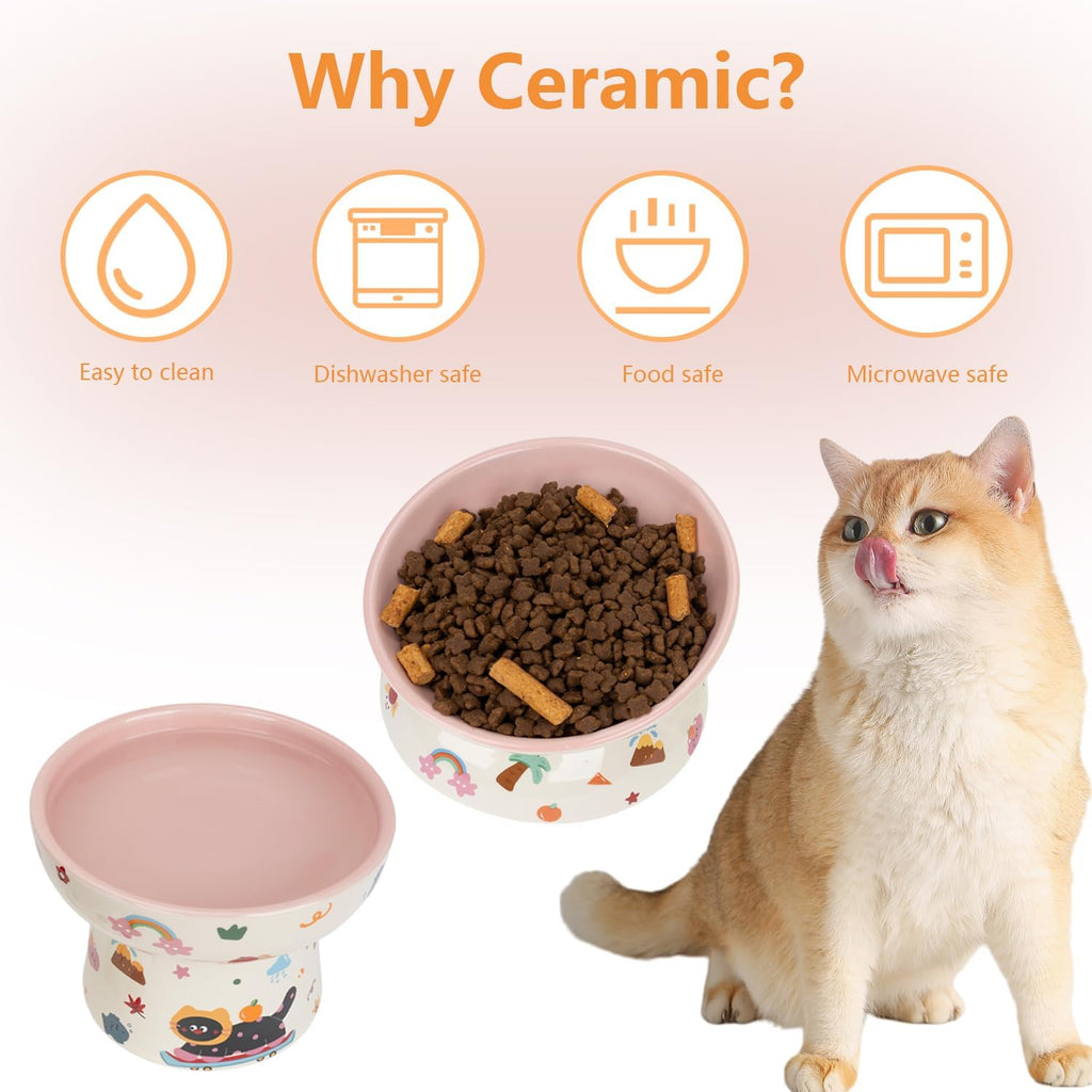 2 Pcs Ceramic Raised Cat Bowl,Elevated Tilted Cat Food and Water Bowls Set for Cats and Small Dogs, Dishwasher and Microwave Safe,Cartoon Decoration