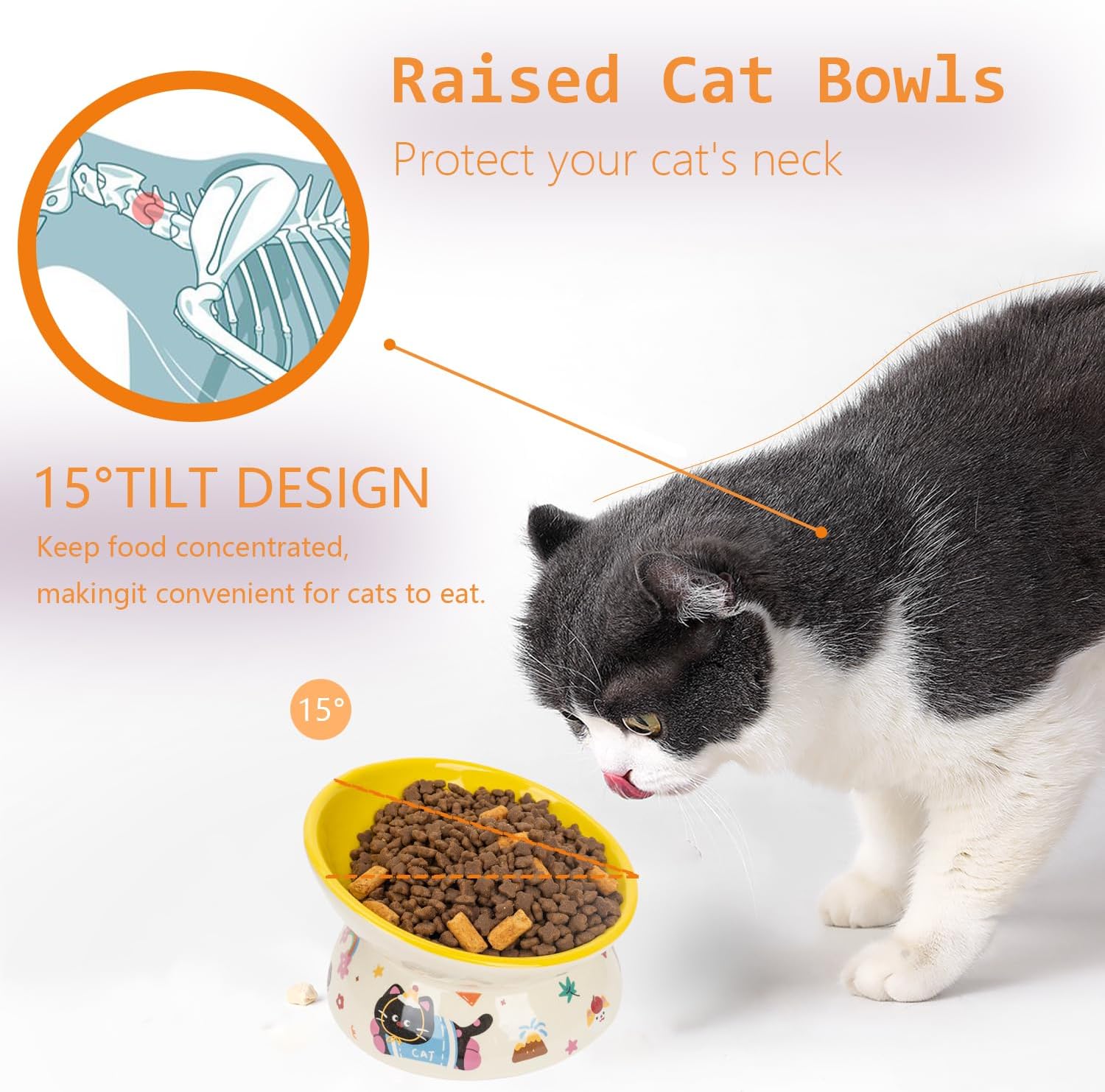 2 Pcs Ceramic Raised Cat Bowl,Elevated Tilted Cat Food and Water Bowls Set for Cats and Small Dogs, Dishwasher and Microwave Safe,Cartoon Decoration