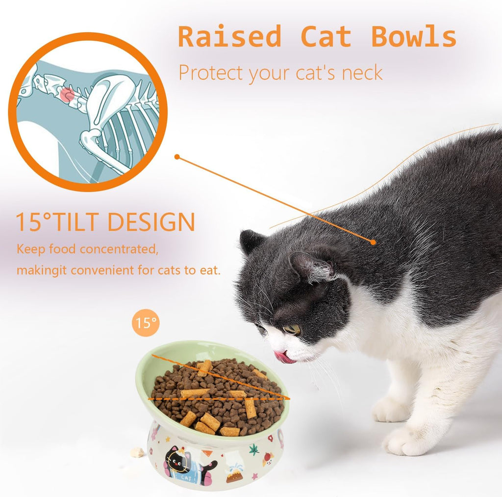 2 Pcs Ceramic Raised Cat Bowl,Elevated Tilted Cat Food and Water Bowls Set for Cats and Small Dogs, Dishwasher and Microwave Safe,Cartoon Decoration